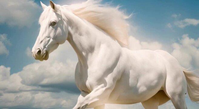 Dreamlike Journey: White Horse in Clouded Sky