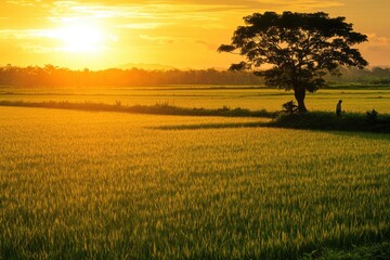 Obraz premium Hard Work Under the Sun: Farmer Planting Rice in a Lush Paddy Field