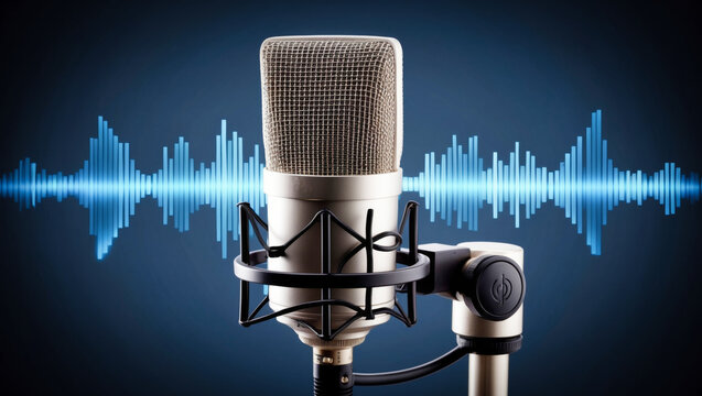 High-quality, professional studio microphone with sound waves in background