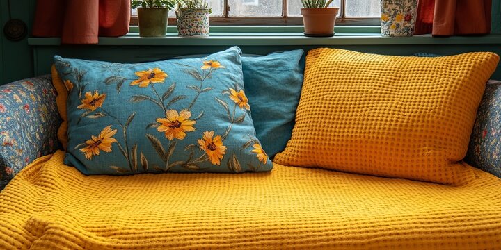 A plush yellow couch adorned with a patterned blue pillow and a textured yellow pillow, inviting relaxation and comfort.