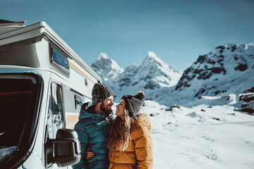 Happy couple in love hug by camper van vehicle in snow with mountains, adventure winter travel leisure