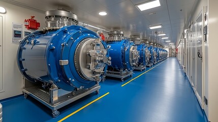 Fototapeta premium A line of cylindrical industrial equipment, mounted on wheels, stands in a clean and sterile laboratory setting, showcasing a meticulous approach to advanced technology.