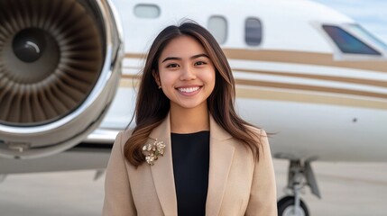 A friendly flight attendant stands at the entrance of a luxury private jet, ready to greet passengers. Her professional attire enhances the welcoming atmosphere on this beautiful day