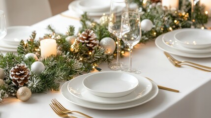 Fototapeta premium Elegant Christmas Table Setting with White Dinnerware, Pine Cones, and Festive Garland