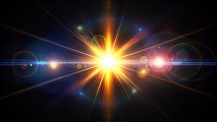 Light beams are radiating from a bright center with lens flare on a black background