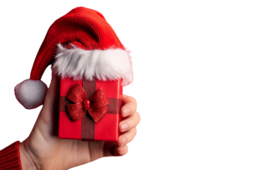 Santa Claus hand with giftbox, on a red background, die cut transparent.
