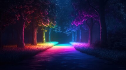 Enchanting Forest Path Illuminated by Vibrant Rainbow Lights at Night