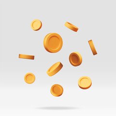 3d falling gold coins, money rain. Render golden coins. Rotating empty golden money sign. Growth, income, savings, investment, wealth. Business success. Vector illustration