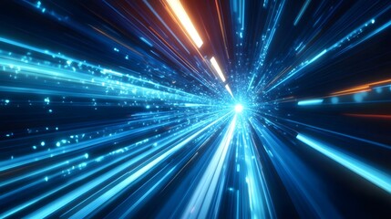 Vector Abstract, science, futuristic, energy technology concept. Digital image of light rays, stripes lines with blue light, speed and motion blur over dark blue background. 