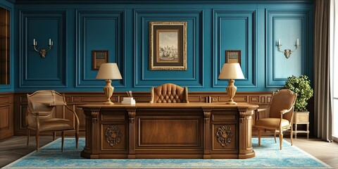set furniture oak wooden desk and chairs with classic carving in blue room with wooden wall panels 
