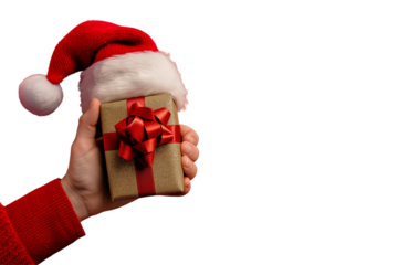 Santa Claus hand with giftbox, on a red background, die cut transparent.