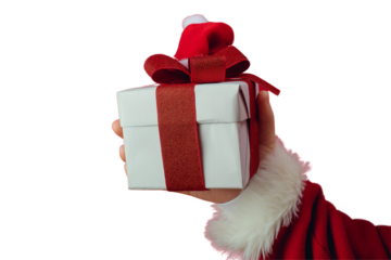 Santa Claus hand with giftbox, on a red background, die cut transparent.