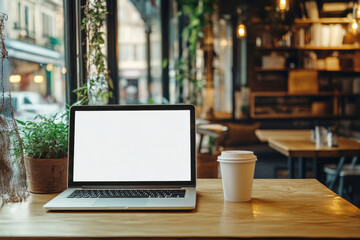 Fototapeta premium Laptop with a blank screen on a cafe table, with a small potted plant and takeaway coffee cup beside it. The blurred cafe background adds a warm, inviting atmosphere..