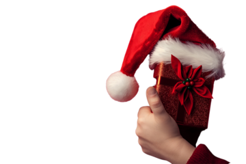 Santa Claus hand with giftbox, on a red background, die cut transparent.