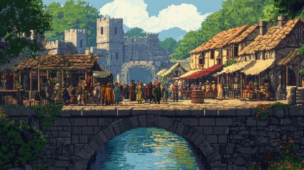 Stone Bridge Over a Canal in a Medieval Village with a Crowd of People in Front of Shops and a Castle in the Background
