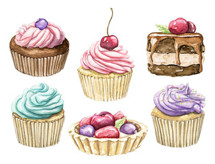 Set with various multicolor cupcakes and muffins isolated on white background. Watercolor hand drawn illustration