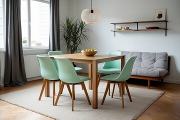 Fototapeta premium Scandinavian Living Room with Light Mint Chairs Square Elm Dining Table Futon and Modern Shelving Unit