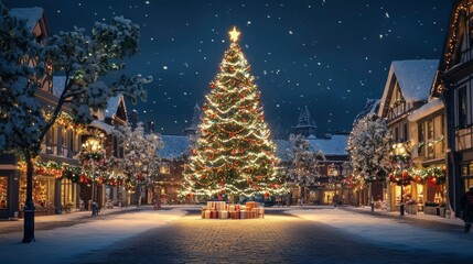 A beautifully decorated Christmas tree standing in the center of a town square, surrounded by snow and holiday cheer.