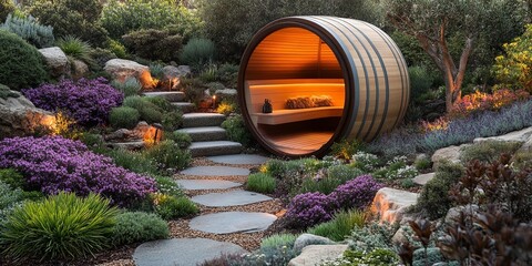 Fototapeta premium A Secluded Retreat with a Wooden Barrel Structure and a Stone Path Surrounded by Lush Greenery