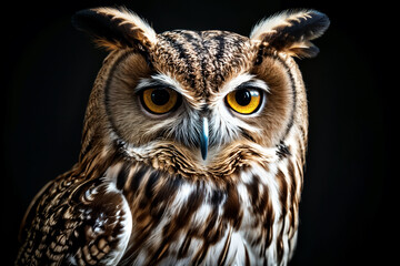 Obraz premium A close-up of an owl with striking yellow eyes, set against a dark background.