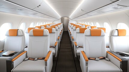 Fototapeta premium The interior of a private jet offers spacious seating in orange and white, enhanced by large windows that fill the area with natural light and comfort for travelers.