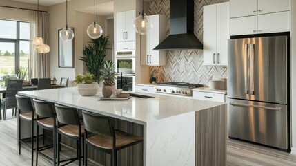 Modern Kitchen with White Cabinets and Island Seating