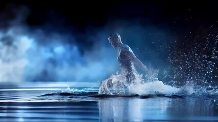 A figure resembling a human made of water, walking gracefully underwater, showcasing fluidity and movement, underwater art, water figure, human shape