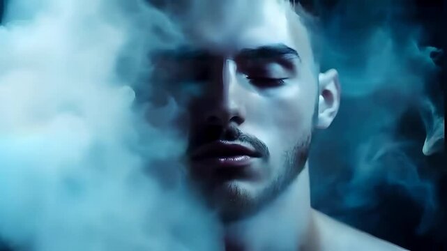 A man face on the right side calm and tranquil, while an ethereal punch made of white flowing fog strikes the left side, symbolizing inner conflict, duality, misty punch, human emotion