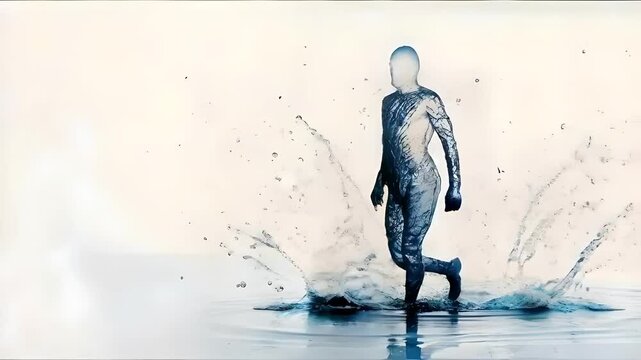 Transparent person standing with water splashing around them on a white background, symbolizing fluidity and motion, water art, human form, water splash effect