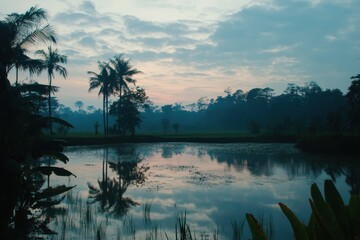 A serene paddy field at dusk, with water reflecting the colors of the setting sun