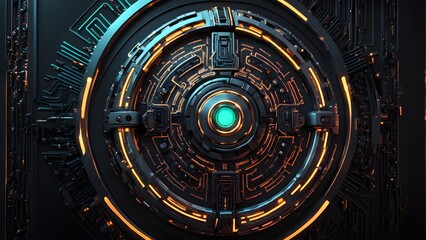 Fototapeta premium Futuristic circular panel with glowing light, intricate circuitry, and a metallic finish.