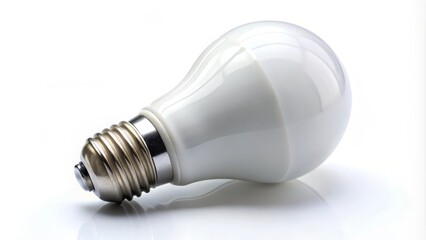 Modern led light bulb is lying on a white surface and reflecting in it