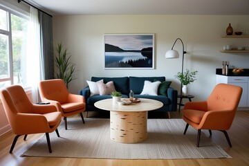 Scandinavian Living Room Decor with Cozy Apricot Chairs and Round Birch Dining Table