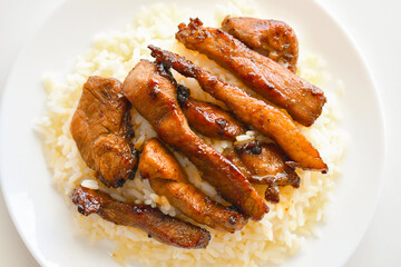 Pan fried sliced pork with soy sauce with rice on a white plate. 