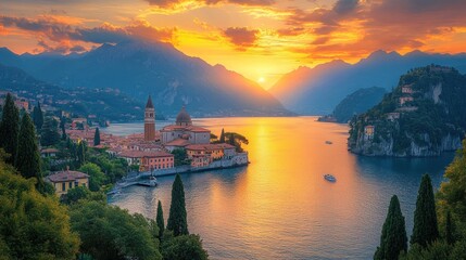 Obraz premium Scenic sunset over a tranquil lake with mountains and village.