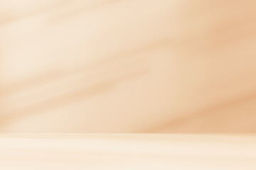 Empty orange brown cream beige room studio with shadow of leaves for product presentation. Autumn background. Summer tropical backdrop. Cosmetic showroom.