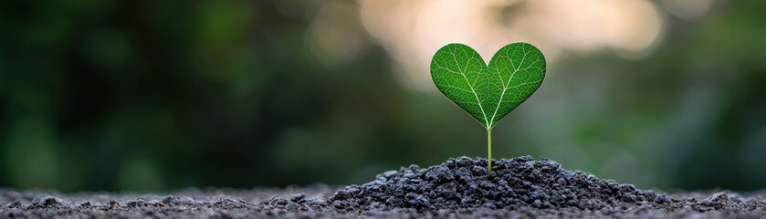 A tiny green plant with heart-shaped leaves emerging from dark soil, symbolizing growth and new beginnings in nature, representing emotional healing and growth, visualizing future possibilities