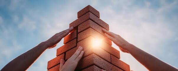 Two hands are positioned to build a brick structure, with a glowing light emerging from the top, symbolizing teamwork and progress against a clear sky.