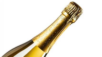 A bottle of sparkling wine with a golden foil top, placed against a white background, ideal for celebration themes.