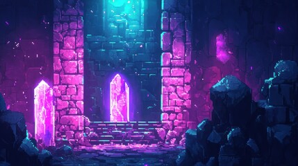 Pixelated Glowing Crystals in a Stone Archway