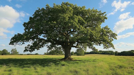 Obraz premium A majestic oak tree stands alone in a lush green field under a bright blue sky during a sunny day in the countryside