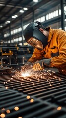 The worker dons protective gear while welding metal pieces together, creating a shower of sparks inside a factory focused on heavy machinery production