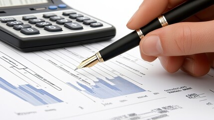 A hand grips a pen while reviewing financial documents and using a calculator, illustrating the critical nature of precise record-keeping in effective financial planning