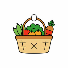 Fresh vegetables in basket isolated on white. Basket with vegetables cartoon vector illustration.Wicker basket with fresh vegetables outlined for coloring book on white background