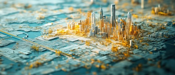 Aerial view of a futuristic cityscape with glowing structures, symbolizing advanced logistics and planning