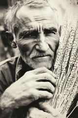 Obraz premium Elderly Man Embracing Wheat in a Vintage Photograph