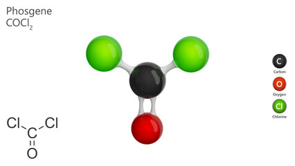 3d model of the phosgene molecule (CCl2O). Phosgene is a colorless nonflammable gas that has the odor of freshly cut hay. Acute toxic. 3d illustration. White background
