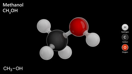 The 3D model of methanol molecule CH3OH (CH4O). Methanol appears as a colorless volatile liquid. the addition of methanol to gasoline, which increases its octane number. 3d illustration. Black back
