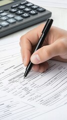 A hand grips a pen while reviewing financial documents and using a calculator, illustrating the critical nature of precise record-keeping in effective financial planning
