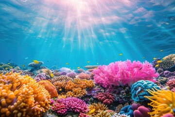 Naklejka premium Colorful Underwater Coral Reef with Tropical Fish and Sun Rays